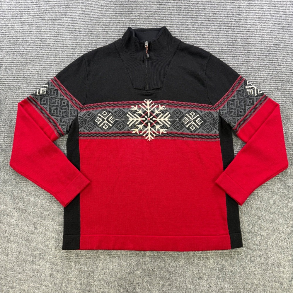 Eddie Bauer Sport Mens Medium Red Black 100% Merino Wool Snowflake Sweater - Picture 2 of 14